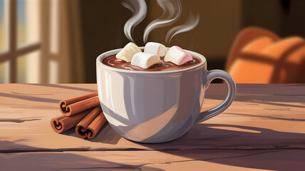 Steaming mug of cocoa with marshmallows and cinnamon sticks on wooden table chocolate white