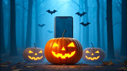 Glowing halloween pumpkins with smartphone and flying bats in dark forest background