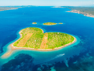 Aerial view of the Galesnjak island on the adriatic coast near  Zadar, Croatia. Heart shaped island...