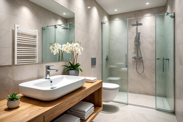 Modern Bathroom with Glass Shower and Wooden Vanity