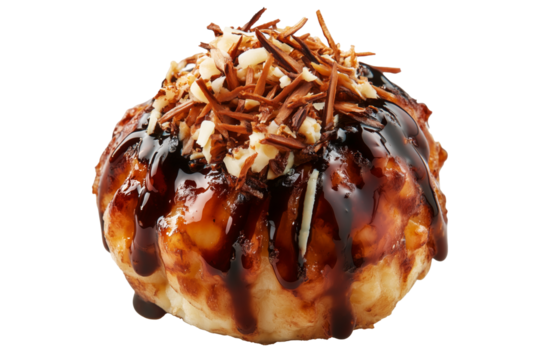 Japanese takoyaki ball topped with thick sauce, green onions, and bonito flakes, isolated on white transparent background, concept of street food