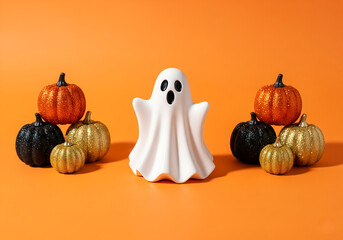 A White Ceramic Ghost Figurine Surrounded by Glittery Gold, Orange, and Black Pumpkins on a Solid Orange Background for Halloween and Spooky Celebrations