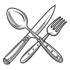 Black and white hand-drawn depiction of fork, knife, and spoon intersecting to form a simplistic design
