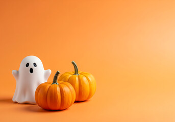 A Minimalist Halloween Composition with a Cute White Ghost Figurine and Two Small Pumpkins on a Solid Orange Background, with Ample Copy Space