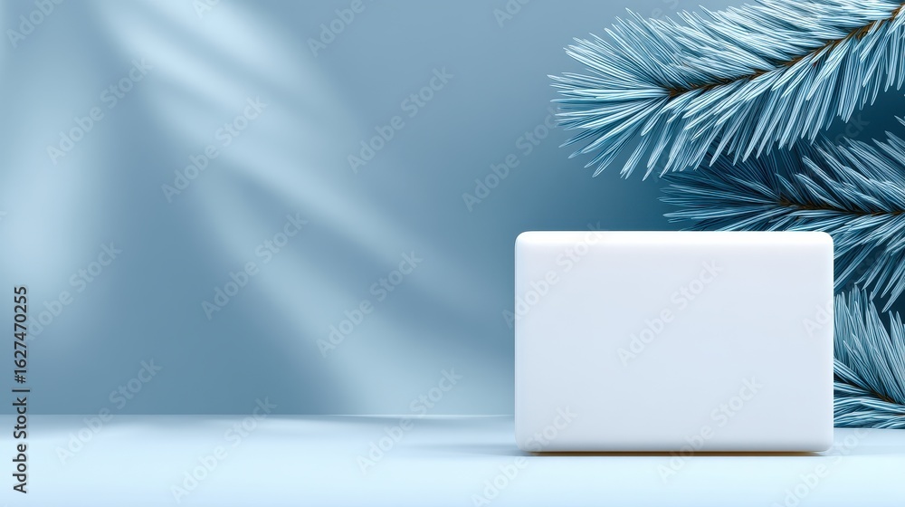 Poster minimalistic winter scene featuring a blank rectangular box beside a frosted pine branch on a soft b