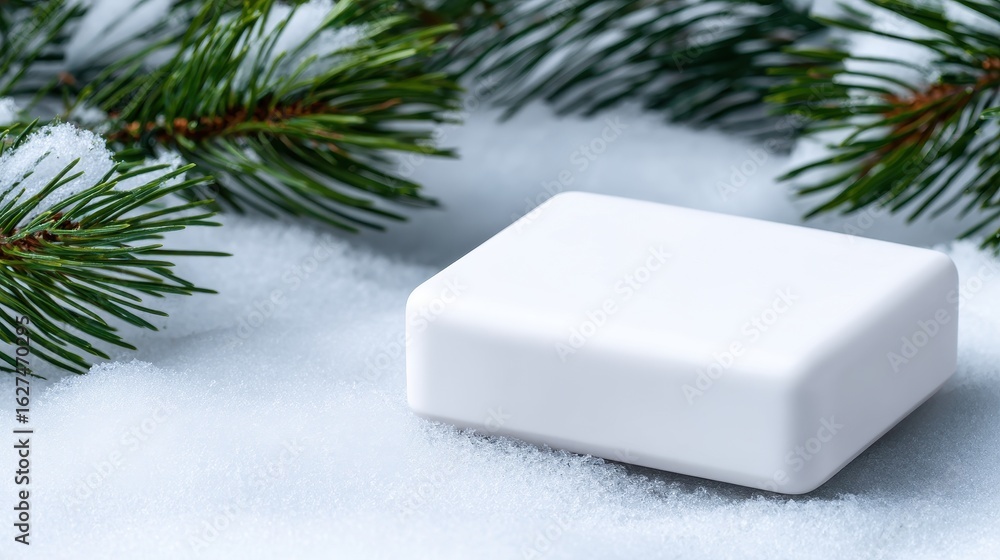 Poster a pristine white soap bar resting on soft snow, surrounded by evergreen branches, creating a serene 