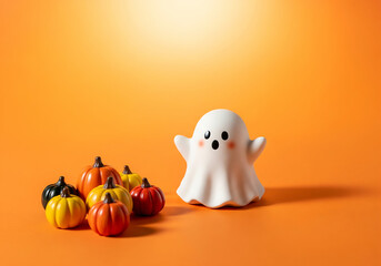A Cheerful White Ghost Figurine with a Pink Blush, Standing Beside a Group of Small Colorful Pumpkins on a Gradient Orange Background, for Halloween Fun