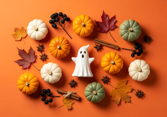 A Festive Halloween and Autumn Flat Lay with a Cute White Ghost Figurine Surrounded by Colorful Pumpkins, Fall Leaves, Berries, and Spices on an Orange Background