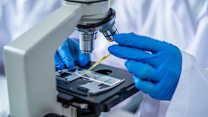 Scientist Adjusting Microscope Slide with Blue Gloves