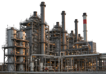 Industrial power plant at dusk, showcasing smokestacks and machinery in operation