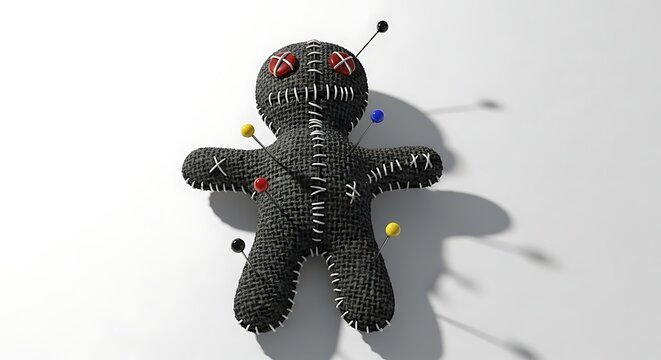 A macabre voodoo doll intricately crafted with stitching and pins casting a menacing shadow on a clean white background