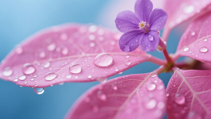 Macro of Purple Flower on Dew-Covered Pink Leaves