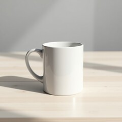 Obraz premium Mug mockup a plain white ceramic mug sits on a bright wooden surface against a neutral color background wall