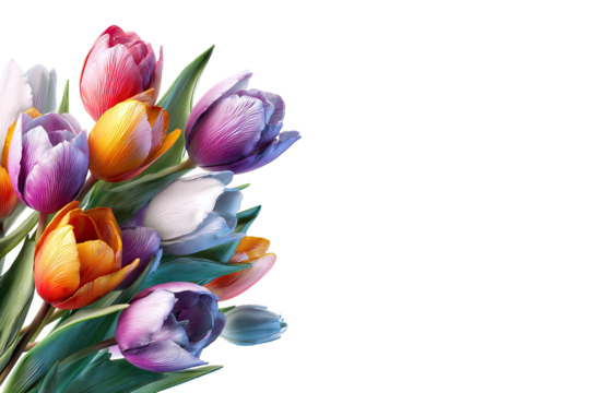 Colorful tulip bouquet, close-up. Vibrant blossoms in various shades of pink, orange, yellow, purple, and white.  Dark background