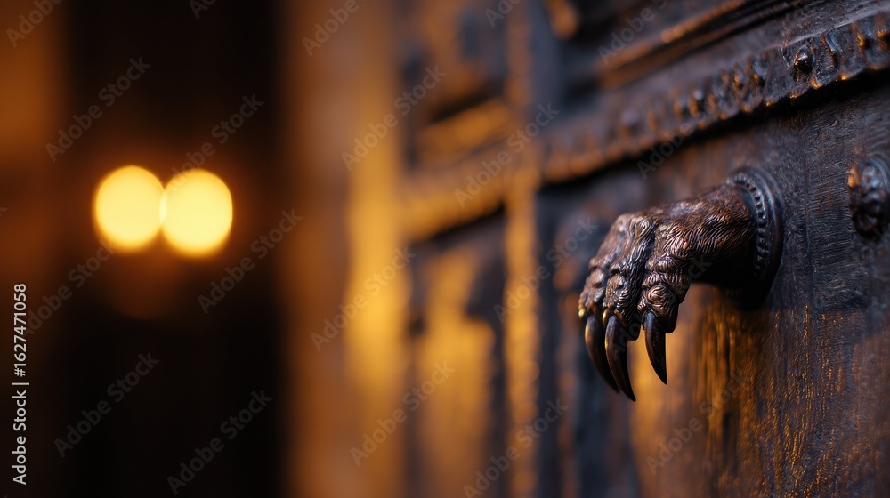 Poster intricate door handle resembling a claw, illuminated by soft background lights in an ancient setting