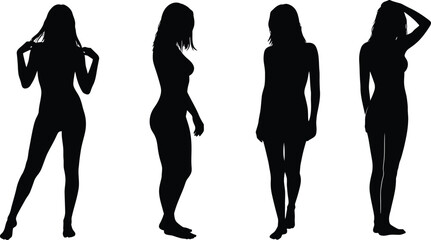 Four diverse female silhouettes in different poses and angles showcasing fashion and body shapes isolated on transparent background silhouette