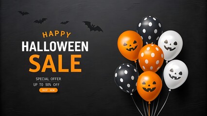 Happy halloween sale banner with balloons jack o lantern faces bats and special offer text
