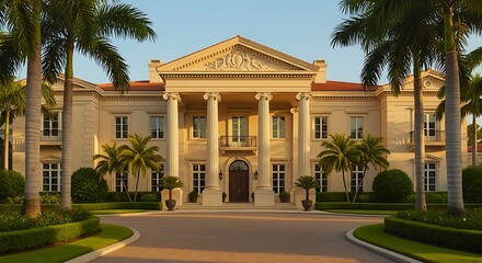 Obraz premium Grand luxury mansion with columns and palm trees in front of the house