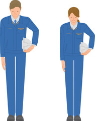 ビジネスイメージ：ヘルメットを持ってお辞儀する作業服の若い男女セット