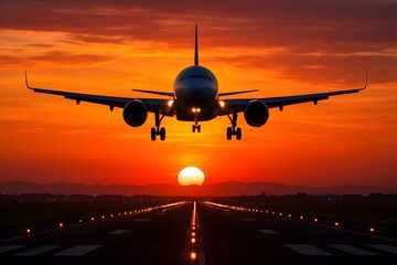 Airplane Landing on Runway at Sunset with Bright Orange Sky and Mountains in Background