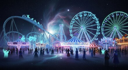 Amusement park at night with roller coaster ferris wheel and crowds of people.