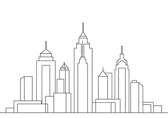 City building drawing. It is a black and white outline image of a city building drawing, depicting a stylized urban skyline or cityscape. Vector sketch line art draw.