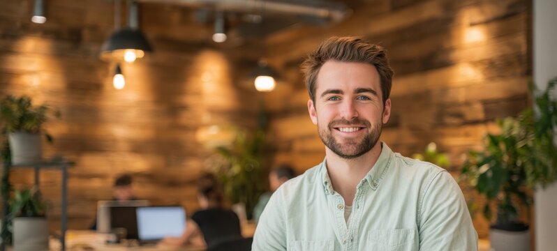 The young man smiling confidently in a modern office workspace - Powered by Adobe