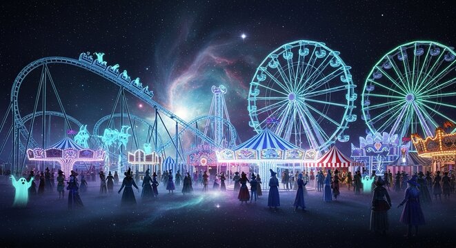 Amusement park at night with roller coaster ferris wheel and crowds of people.