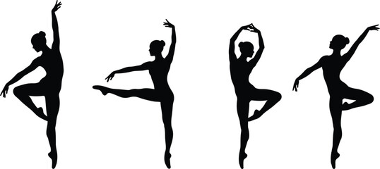 Four elegant ballet dancers in graceful poses showcasing classical dance movements silhouette isolated on transparent background