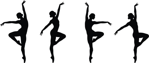 Four elegant female ballet dancers in dynamic poses showcasing grace and artistry in a silhouette style isolated on transparent background