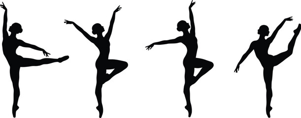 Four elegant female ballet dancers in graceful poses showcasing artistic movement and flexibility silhouette isolated on transparent background © Pvect02