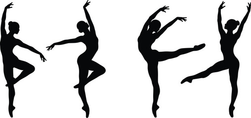 Four elegant female ballet dancers in dynamic poses forming the word love as black silhouettes isolated on transparent background