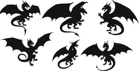 Collection of six mythical dragon silhouettes in various dynamic poses isolated on transparent background