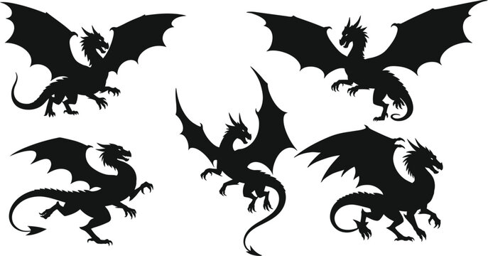 Five fierce black dragon silhouettes in dynamic poses with wings spread wide isolated on transparent background