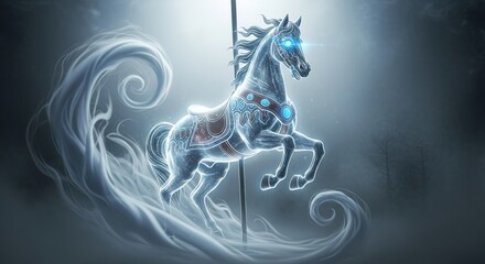 Digital art of a ghostly horse on a carousel with swirling smoke.