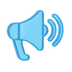 3D blue megaphone icon with sound waves representing announcement or volume isolated on transparent background