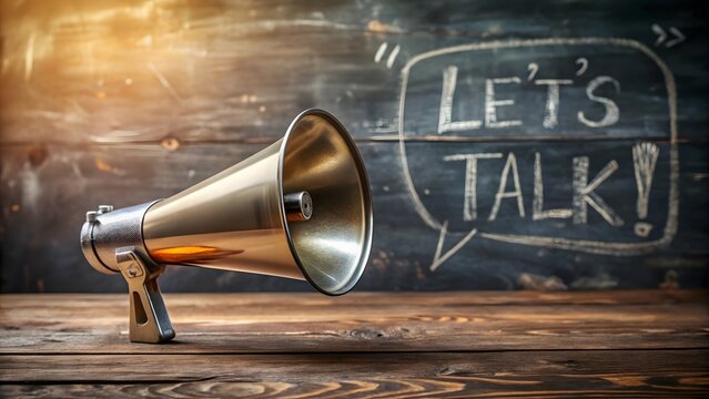 Vintage megaphone amplifying a let s talk message on a chalkboard background