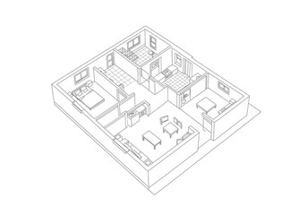 3 bedroom house drawing plans. It is a black and white outline image of 3 bedroom house drawing plans, showing an interior floorplan layout. Vector sketch line art draw.