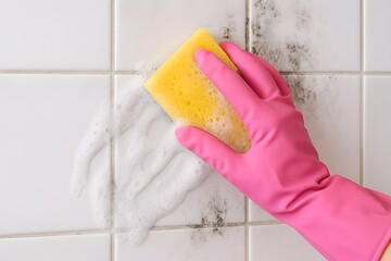Close up of hand wearing pink glove cleaning mold on white bathroom tile with yellow sponge and soap