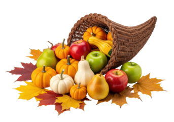 A pristine, high-key studio still life of a traditional cornucopia overflowing with vibrant apples, pumpkins, gourds, autumn leaves, against transparent, concept of autumn harvest bounty