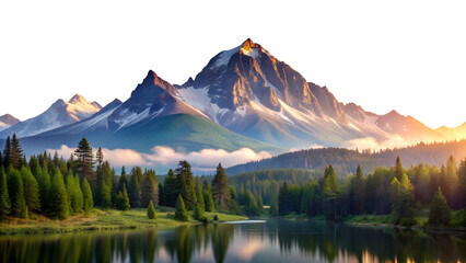 A serene mountain landscape featuring a tranquil lake reflecting the snowcapped peaks and lush green forest under a clear sky at sunset isolated on transparent background