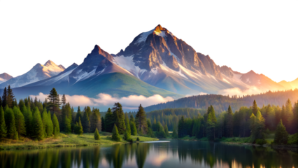 A serene mountain landscape featuring a tranquil lake reflecting the snowcapped peaks and lush green forest under a clear sky at sunset isolated on transparent background