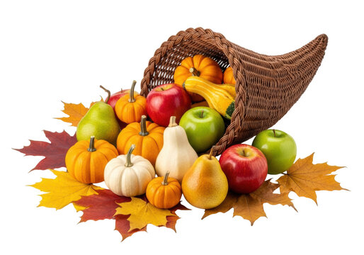 A pristine, high-key studio still life of a traditional cornucopia overflowing with vibrant apples, pumpkins, gourds, autumn leaves, against transparent, concept of autumn harvest bounty