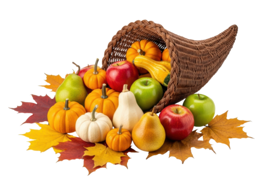 A pristine, high-key studio still life of a traditional cornucopia overflowing with vibrant apples, pumpkins, gourds, autumn leaves, against transparent, concept of autumn harvest bounty - Powered by Adobe