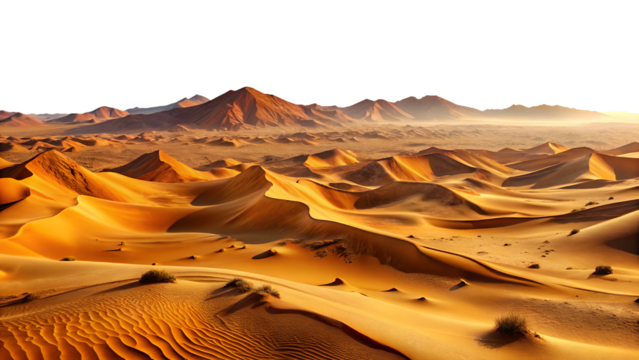 A breathtaking desert landscape featuring golden sand dunes under a clear sky, with distant mountains adding depth to the serene and tranquil scene isolated on transparent background