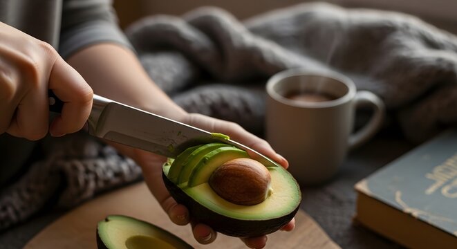 Woman hands cutting avocado on wooden board with coffee cup and book in a cozy setting