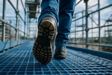 Close up of worker feet in safety boots walking on metal industrial platform