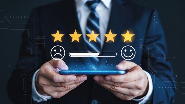 Customer satisfaction survey with five stars and emoji rating on smartphone screen
