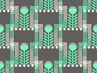 Stylized floral geometric forms of geometric curved, Symmetrical line motifs and repeat create clean, modern, decorative surface design.