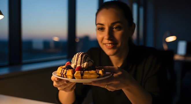 Woman holding dessert plate with ice cream and cherries in an office setting with blurred city lights background.